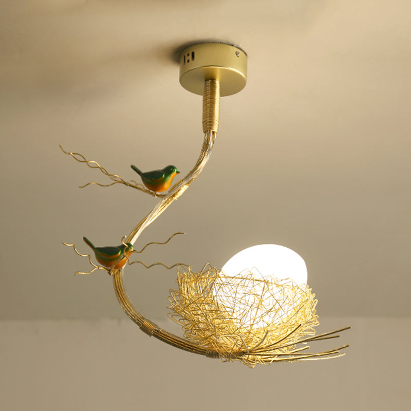 Eliza - Rustic Rustic Bird Egg Shaped Ceiling Chandelier 3 Lights Milk White Glass Golden Hanging Ceiling Light with Branch and Nest