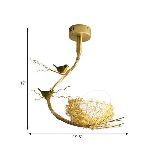 Eliza - Rustic Rustic Bird Egg Shaped Ceiling Chandelier 3 Lights Milk White Glass Golden Hanging Ceiling Light with Branch and Nest