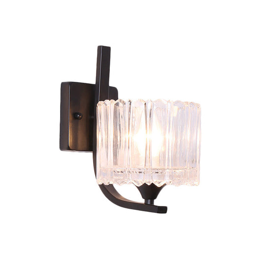 Post-Modern Black Metal Wall Mount Light With Clear Crystal Shade - Trapezoid/Flower/Drum Design