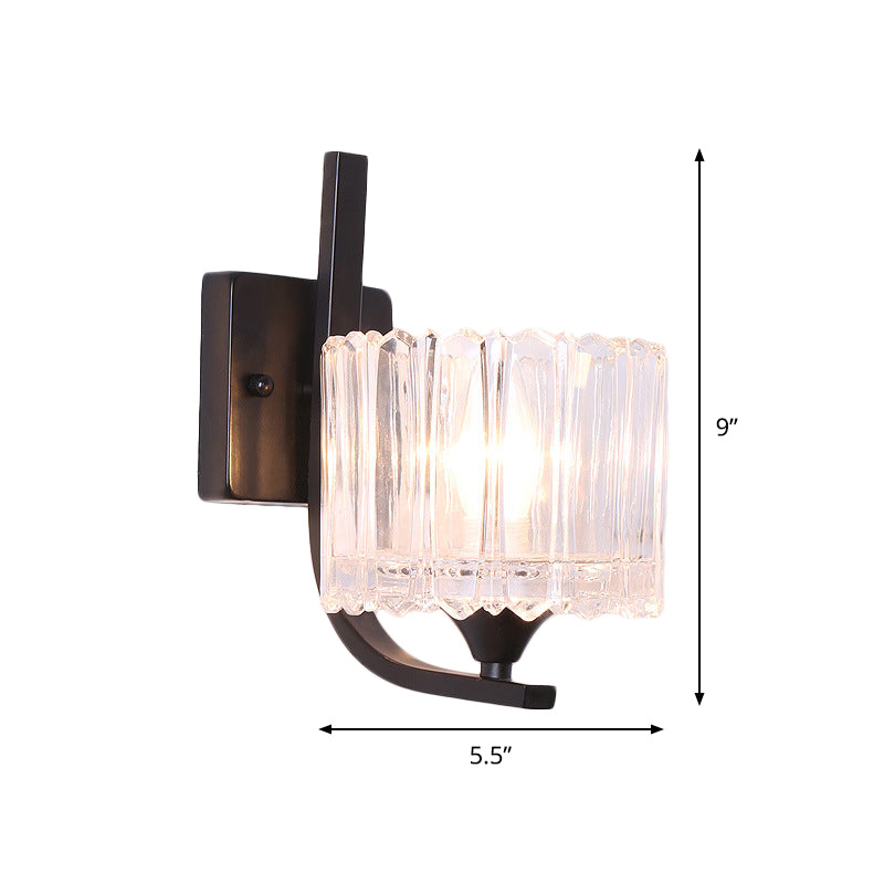 Post-Modern Black Metal Wall Mount Light With Clear Crystal Shade - Trapezoid/Flower/Drum Design