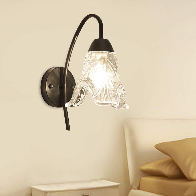 Post-Modern Black Metal Wall Mount Light With Clear Crystal Shade - Trapezoid/Flower/Drum Design