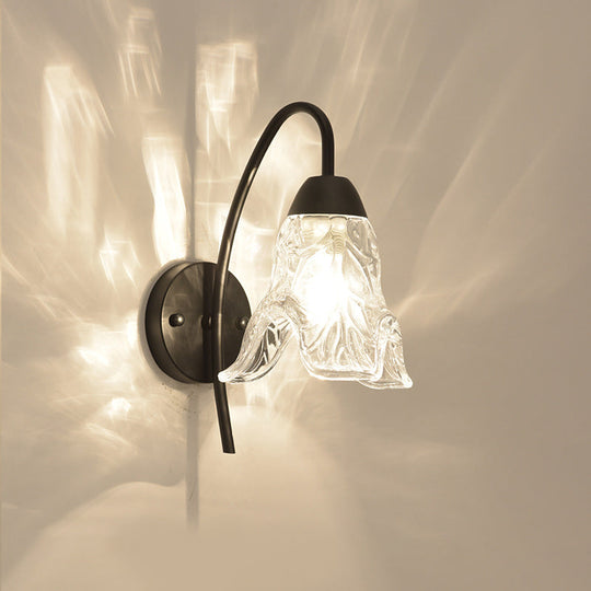 Post-Modern Black Metal Wall Mount Light With Clear Crystal Shade - Trapezoid/Flower/Drum Design