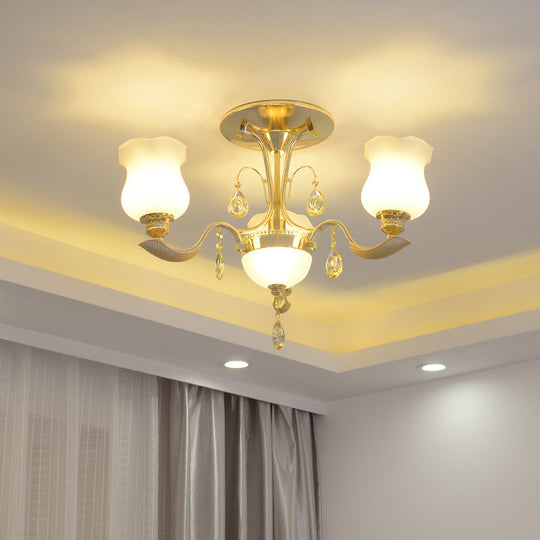 Tulip Flower Semi Flush Gold Ceiling Light for Modern Bedrooms - 3-Light Milk Glass