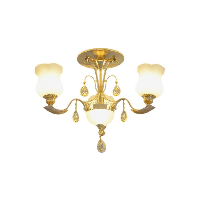 Tulip Flower Semi Flush Gold Ceiling Light for Modern Bedrooms - 3-Light Milk Glass