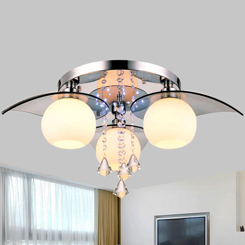 Modern Cream Glass Ball Dining Room Semi Flush Light With Crystal Diamond Accents - 3-Bulb Chrome