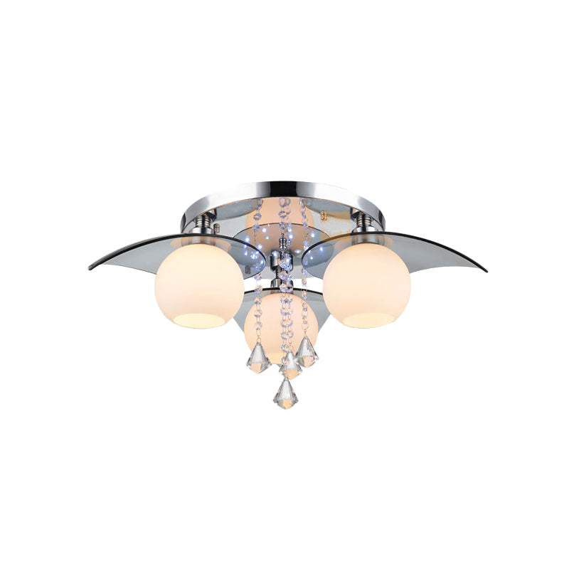 Modern Cream Glass Ball Dining Room Semi Flush Light With Crystal Diamond Accents - 3-Bulb Chrome