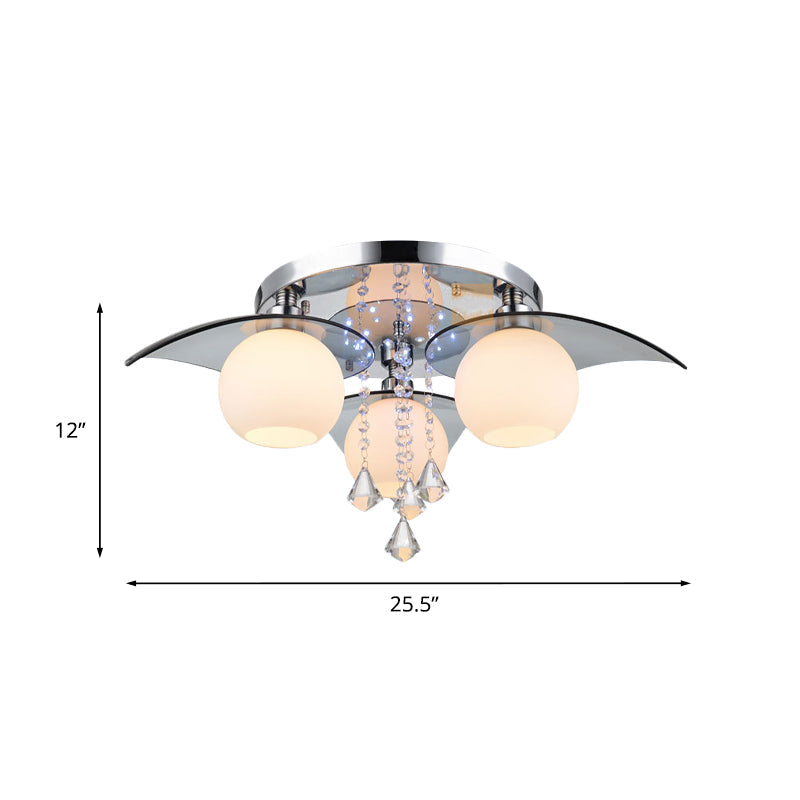 Modern Cream Glass Ball Dining Room Semi Flush Light with Crystal Diamond Accents - 3-Bulb Chrome Ceiling Fixture