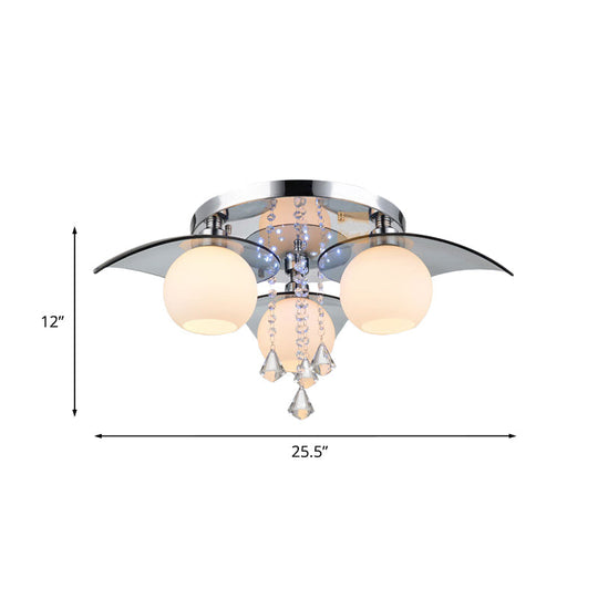 Modern Cream Glass Ball Dining Room Semi Flush Light with Crystal Diamond Accents - 3-Bulb Chrome Ceiling Fixture