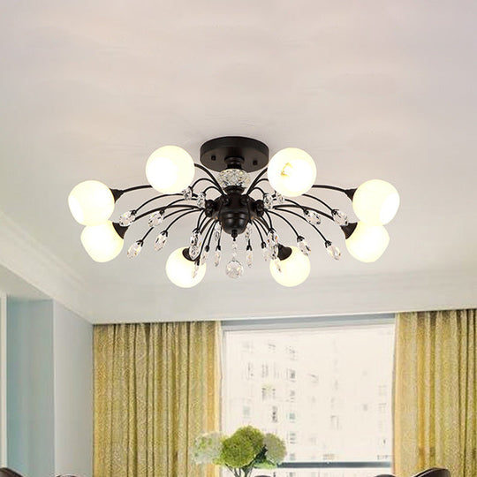 White Glass Semi Flush Chandelier with Crystal Accent - Modern Black Meteor Design Ceiling Light for Bedroom