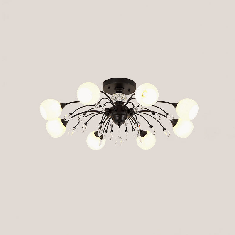 White Glass Semi Flush Chandelier with Crystal Accent - Modern Black Meteor Design Ceiling Light for Bedroom