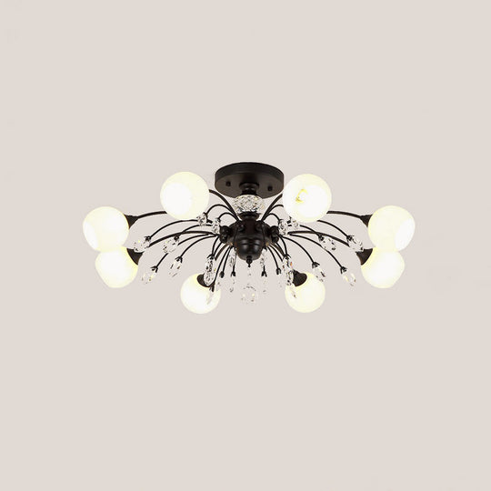 White Glass Semi Flush Chandelier With Crystal Accent - Modern Black Meteor Design Ceiling Light For