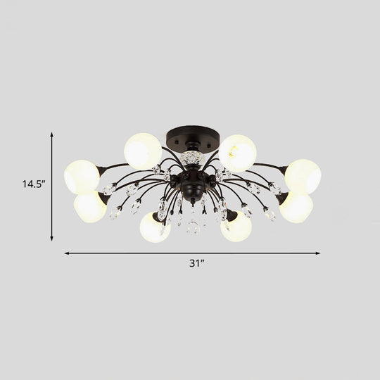 White Glass Semi Flush Chandelier with Crystal Accent - Modern Black Meteor Design Ceiling Light for Bedroom