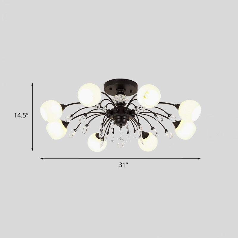 White Glass Semi Flush Chandelier With Crystal Accent - Modern Black Meteor Design Ceiling Light For