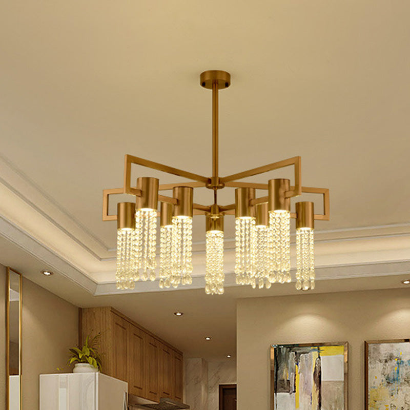 Brass Semi-Flush Mount Chandelier with 10 Crystal Fringe Lights