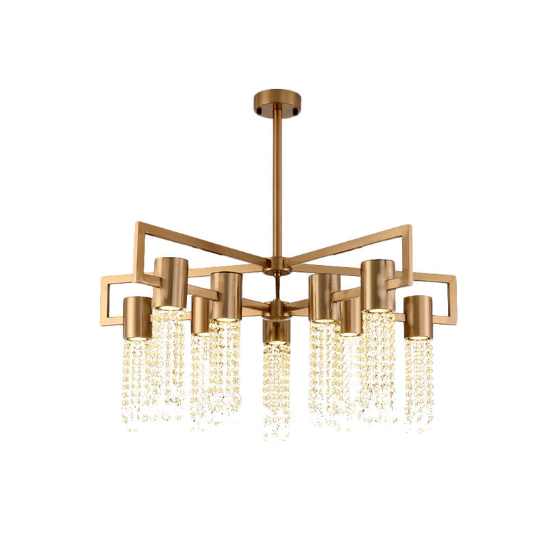 Brass Semi-Flush Mount Chandelier with 10 Crystal Fringe Lights