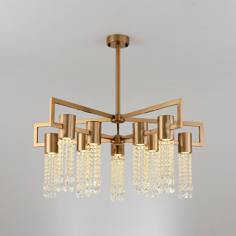 Brass Semi-Flush Mount Chandelier with 10 Crystal Fringe Lights