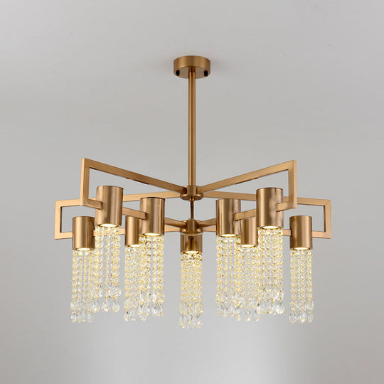 Brass Semi-Flush Mount Chandelier With 10 Crystal Fringe Lights