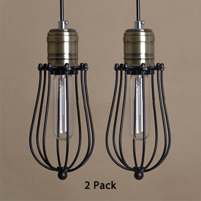 Industrial Rustic Wire Cage Pendant Lamp Set Of 2 - Black Metal Kitchen Lighting