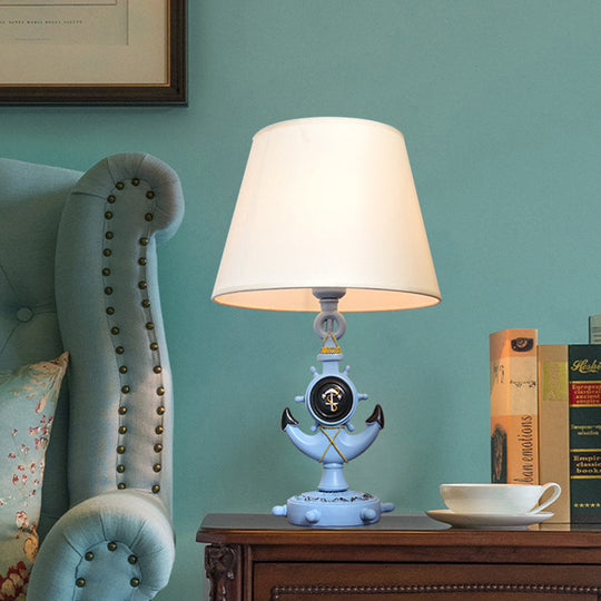 Resin Anchor Shape Night Table Light Mediterranean Blue Desk Lamp With Fabric Shade