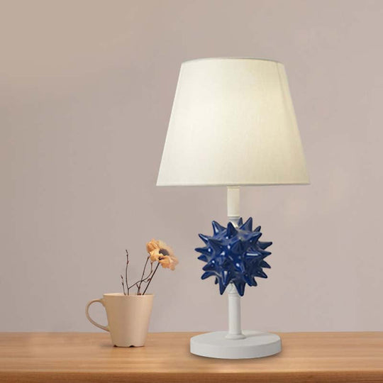 Nora - Sea Resin Sea Urchin Night Table Lamp Cartoon Single Bulb Sky Blue/Gold/Dark Blue Nightstand Light with Barrel Fabric Shade for Bedside