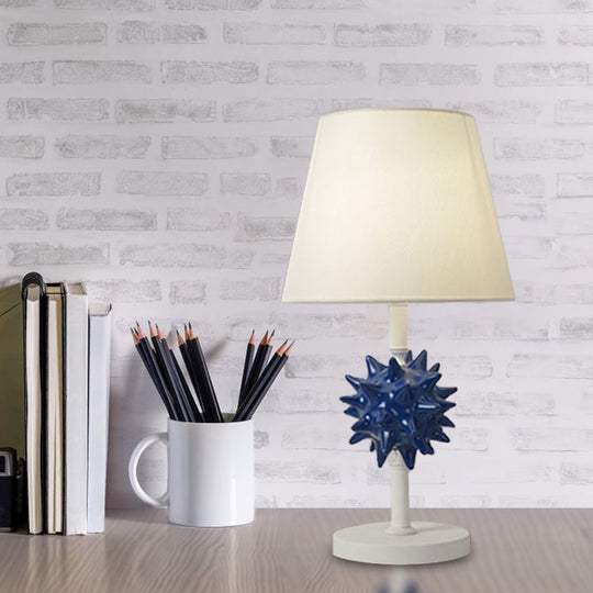 Cartoon Resin Sea Urchin Night Table Lamp With Single Bulb - Sky Blue/Gold/Dark Blue Barrel Fabric