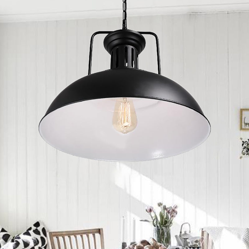 Black Metal Industrial Hanging Pendant Light - Bowl Shade 1 Head Plug-In Suspension With Vented