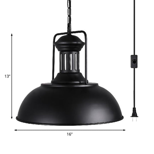 Industrial Black Metal Hanging Pendant Light with Bowl Shade - 1 Head Plug In Suspension Light