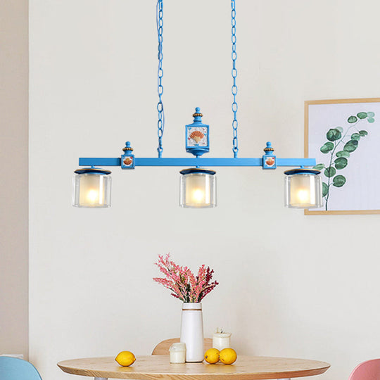 Cartoon 3 Bulbs Island Pendant Light with Dual Cylinder Pendulum Sky/Water Blue Glass Shades