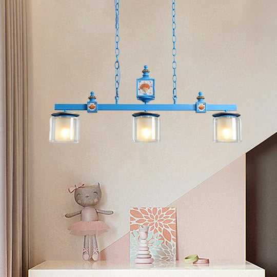 Cartoon 3 Bulbs Island Pendant Light with Dual Cylinder Pendulum Sky/Water Blue Glass Shades