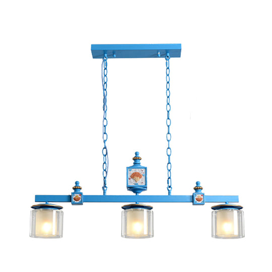 Cartoon 3-Bulb Pendant Light With Clear & Opal Glass Shades - Sky/Water Blue Dual Cylinder Lamp