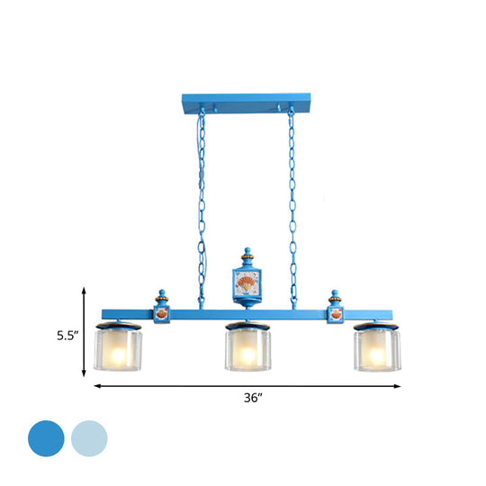 Cartoon 3 Bulbs Island Pendant Light with Dual Cylinder Pendulum Sky/Water Blue Glass Shades