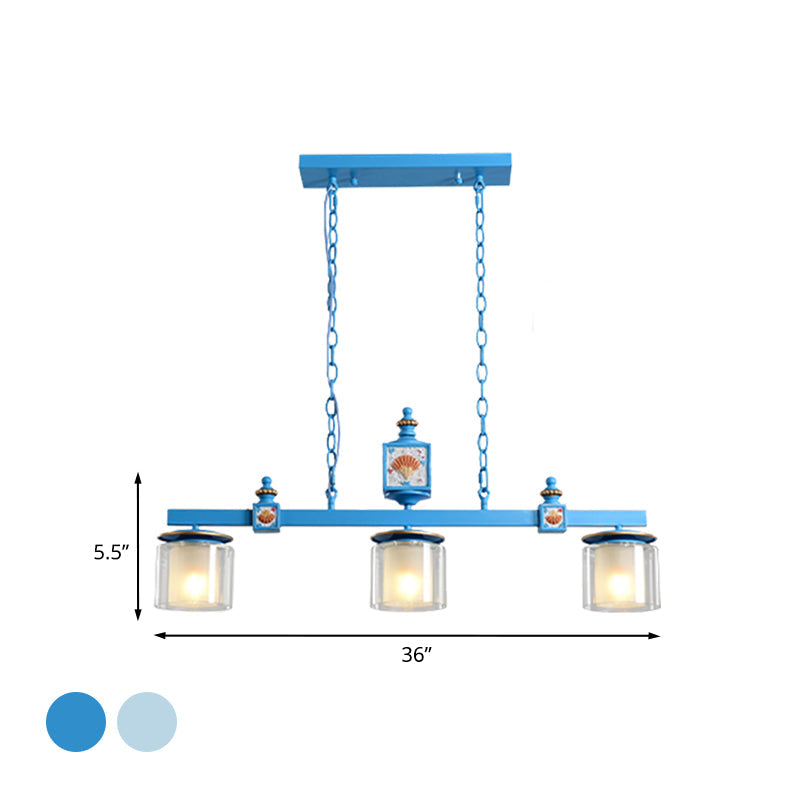 Cartoon 3-Bulb Pendant Light With Clear & Opal Glass Shades - Sky/Water Blue Dual Cylinder Lamp