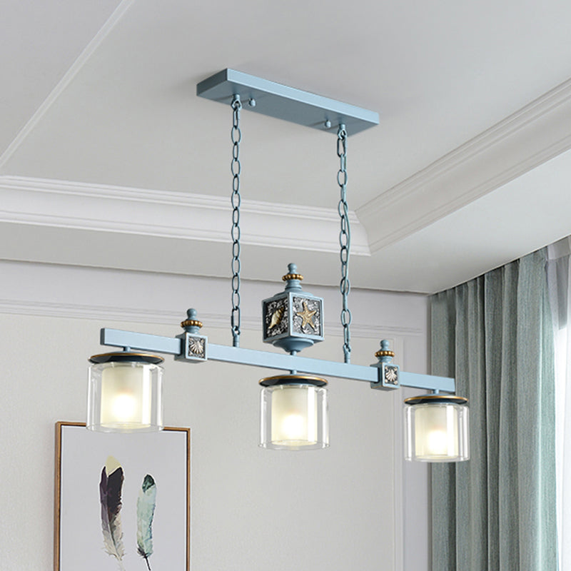 Cartoon 3 Bulbs Island Pendant Light with Dual Cylinder Pendulum Sky/Water Blue Glass Shades