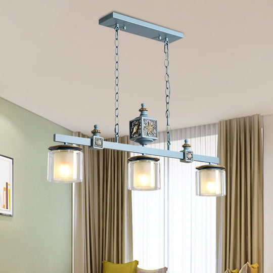 Cartoon 3 Bulbs Island Pendant Light with Dual Cylinder Pendulum Sky/Water Blue Glass Shades