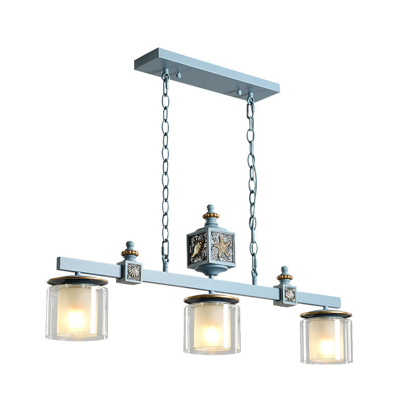 Cartoon 3 Bulbs Island Pendant Light with Dual Cylinder Pendulum Sky/Water Blue Glass Shades