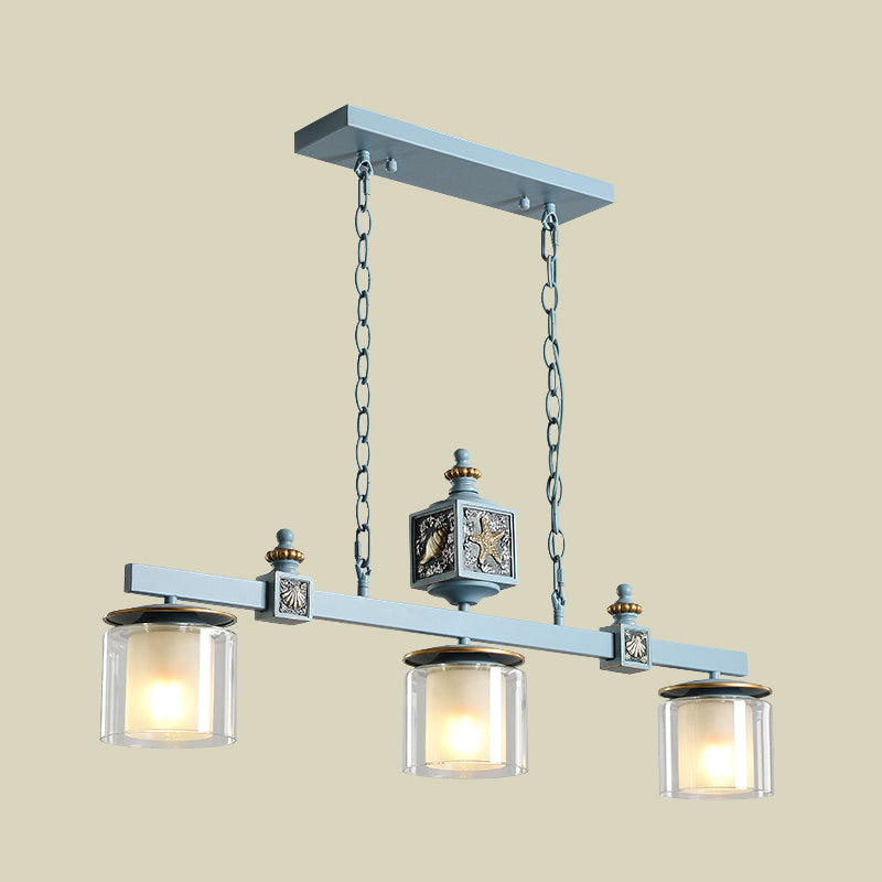 Cartoon 3 Bulbs Island Pendant Light with Dual Cylinder Pendulum Sky/Water Blue Glass Shades