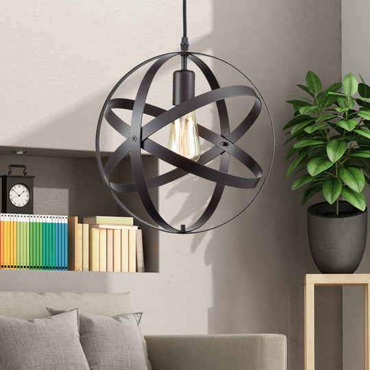 Modern Orbit Metal Hanging Light Fixture - 1 Head Living Room Lamp With Black Wire Frame