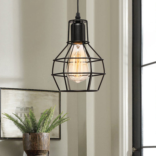 Retro Loft Black Metal Hanging Ceiling Light with Globe Cage Shade - Plug-In Suspension Light