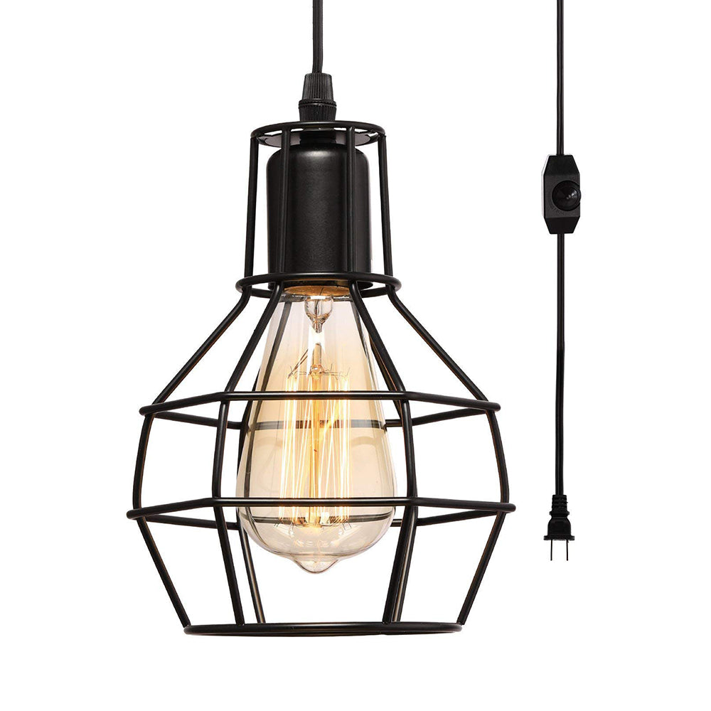 Retro Loft Black Metal Hanging Ceiling Light with Globe Cage Shade - Plug-In Suspension Light