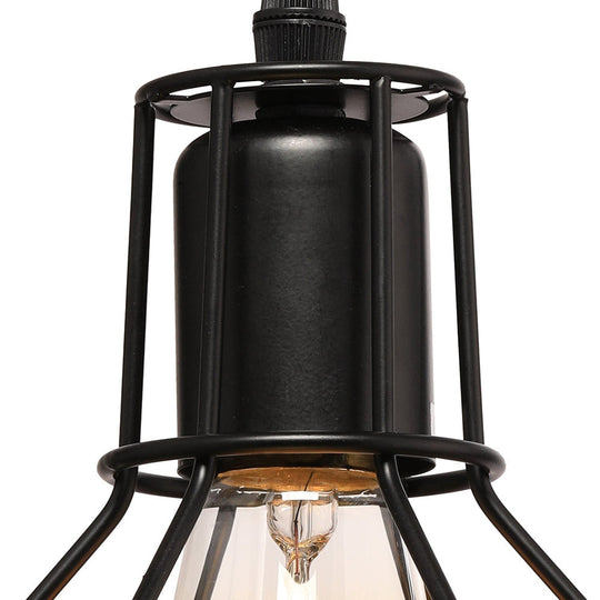 Retro Loft Black Metal Hanging Ceiling Light with Globe Cage Shade - Plug-In Suspension Light