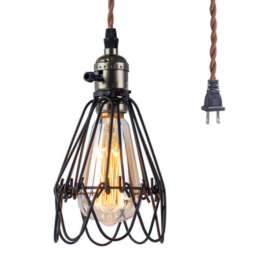 Rustic Industrial Pendant Lighting - Open Caged Metal Black Finish 1-Bulb Hanging Light For Living