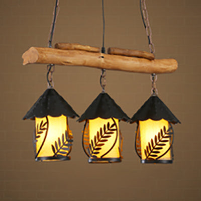 Rustic Loft Triple Light Lantern Suspension With Fabric Shade - Drop Ceiling Lighting Beige