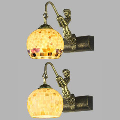 Globe Wall Mount Tiffany Beige/Beige-Red Shell Sconce Light With Mermaid Decoration - Bathroom