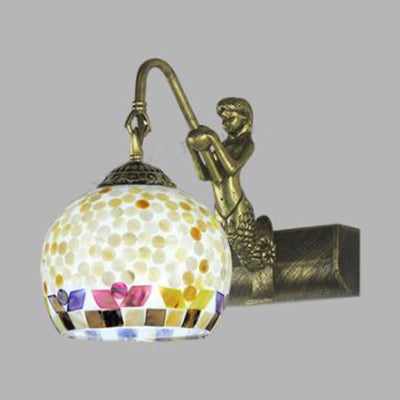 Globe Wall Mount Tiffany Beige/Beige-Red Shell Sconce Light With Mermaid Decoration - Bathroom