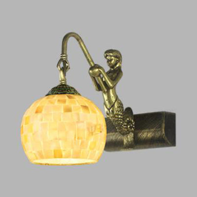 Globe Wall Mount Tiffany Beige/Beige-Red Shell Sconce Light With Mermaid Decoration - Bathroom