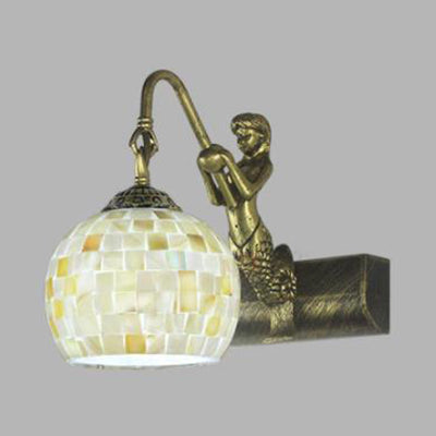 Globe Wall Mount Tiffany Beige/Beige-Red Shell Sconce Light With Mermaid Decoration - Bathroom