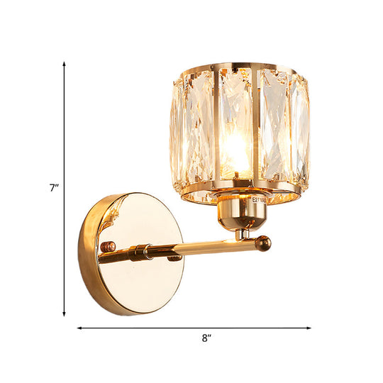 Gold Wall Lamp Beveled Cut Crystal Cylinder Sconce Light Fixture - Simplicity In 1 Head Design