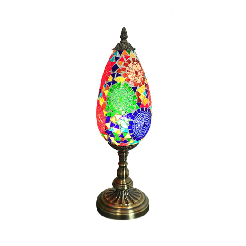 Antique Stained Art Glass Teardrop Plug In Nightstand Lamp - Orange/Red Table Light For Living Room