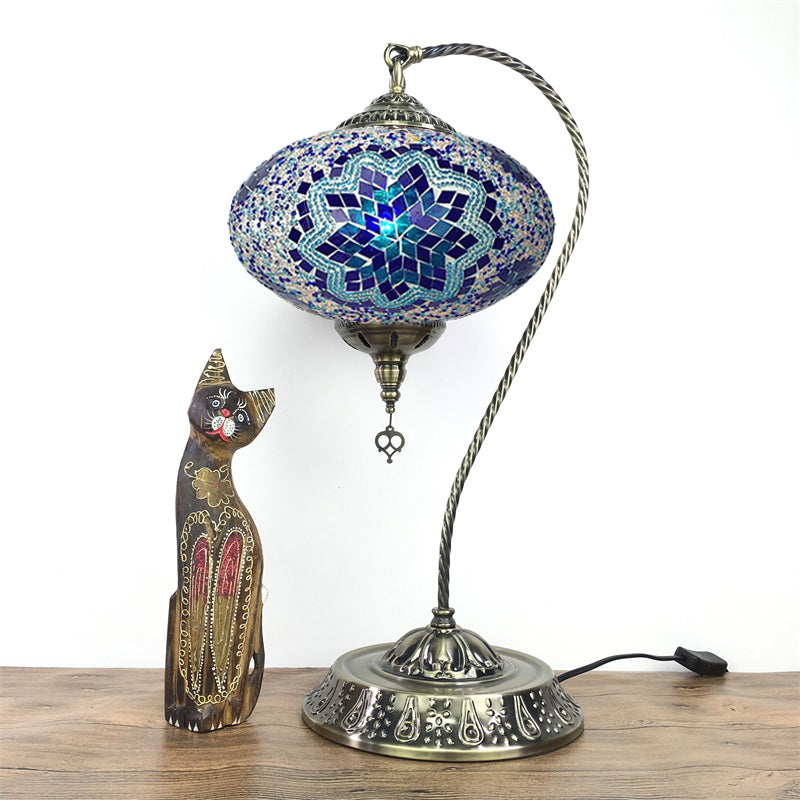 Éléonore - Stained Glass Oblong Night Light Table Lamp - Single Head, Curved Arm,