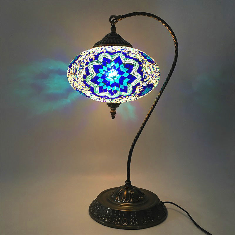 Éléonore - Stained Glass Oblong Night Light Table Lamp - Single Head, Curved Arm,